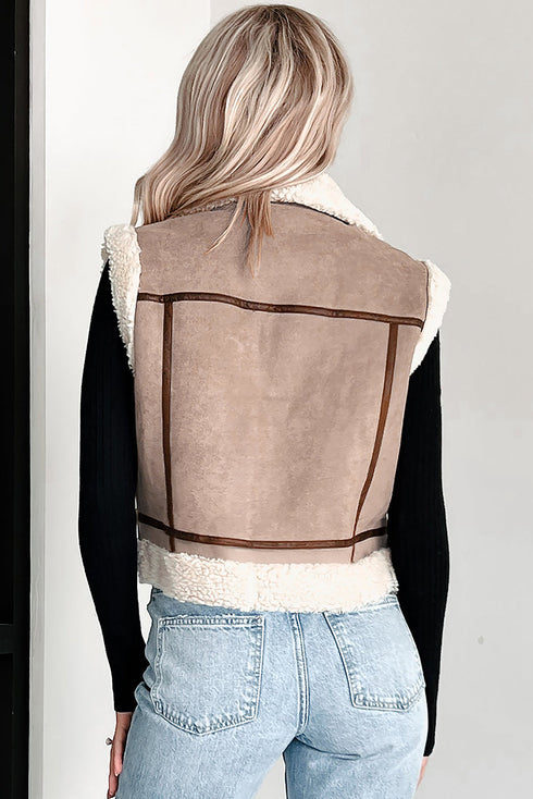 Sherpa Lined Faux Suede Asymmetric Zip Front Lapel Collar Moto Vest